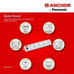 Anchor by Panasonic Spike Guard 4-Way Socket with Single Switch (White), 250 V, 1500 Watt