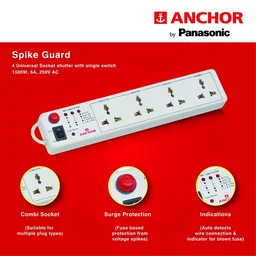 Anchor by Panasonic Spike Guard 4-Way Socket with Single Switch (White), 250 V, 1500 Watt