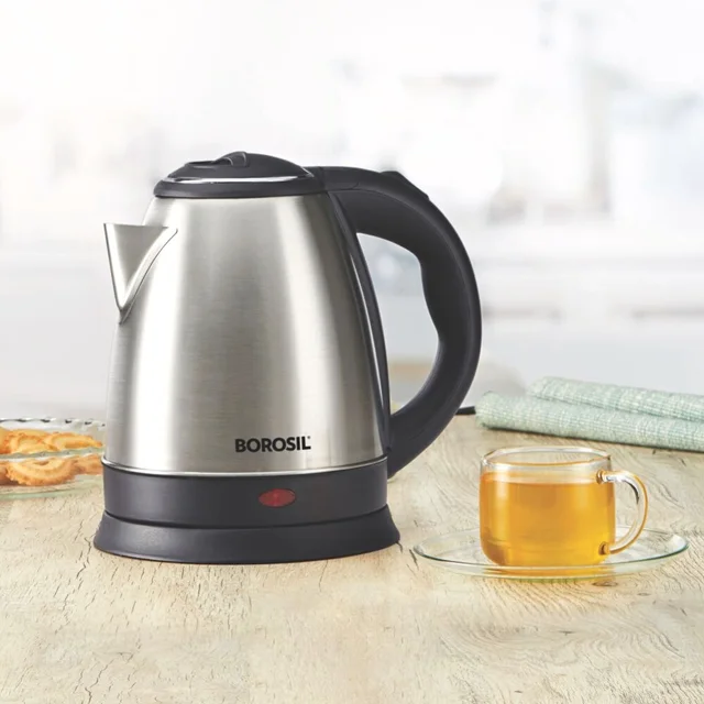 Borosil Rio Stainless Steel Electric Kettle, 1.5 L, 1500W, Black - 0.850, 1500, 21 cm x 16.8 cm x 20.5 cm, Stainless Steel, Rio, 1N Electric Kettle & 1N User Manual
