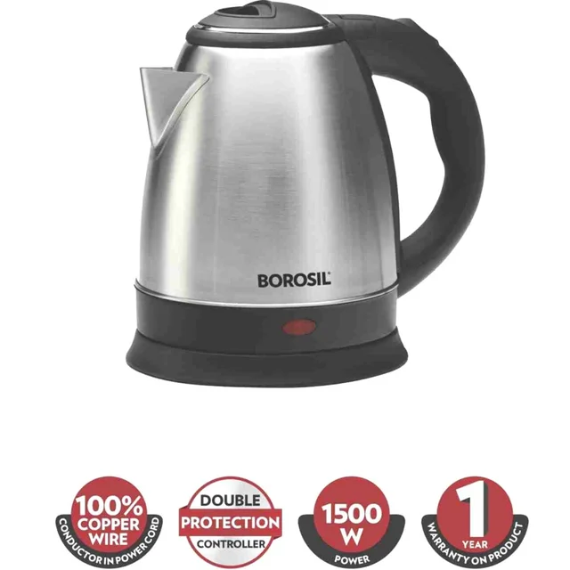 Borosil Rio Stainless Steel Electric Kettle, 1.5 L, 1500W, Black - 0.850, 1500, 21 cm x 16.8 cm x 20.5 cm, Stainless Steel, Rio, 1N Electric Kettle & 1N User Manual
