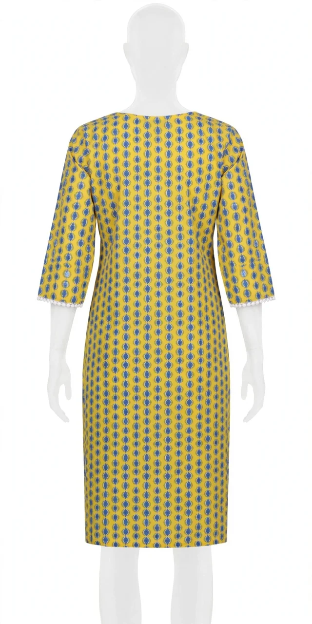 Women's Cotton Ikat Print Straight Kurta- Yellow & Blue