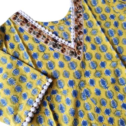 Women's Cotton Ikat Print Straight Kurta- Yellow & Blue
