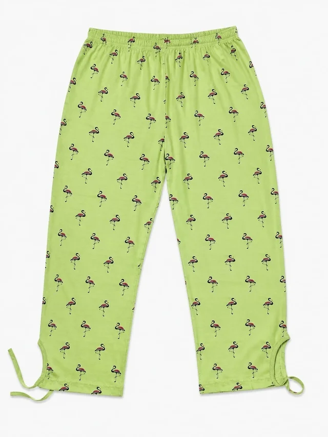 Women's Flamingo Print Capri Pyjama Pants – Green Casual Sleepwear/Nightwear -