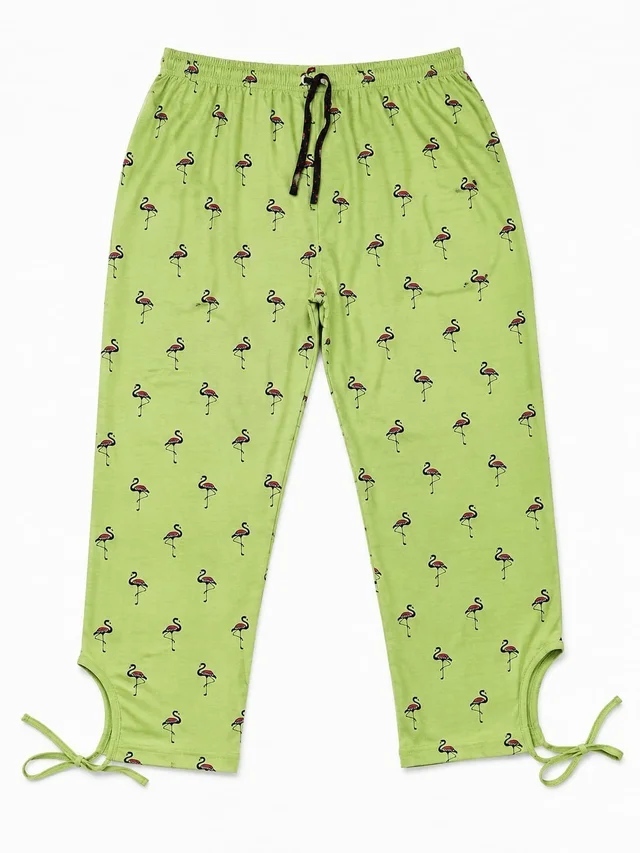 Women's Flamingo Print Capri Pyjama Pants – Green Casual Sleepwear/Nightwear
