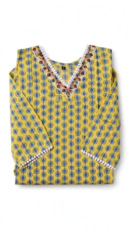 Women's Cotton Ikat Print Straight Kurta- Yellow & Blue