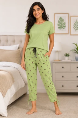 Women's Flamingo Print Capri Pyjama Pants – Green Casual Sleepwear/Nightwear -