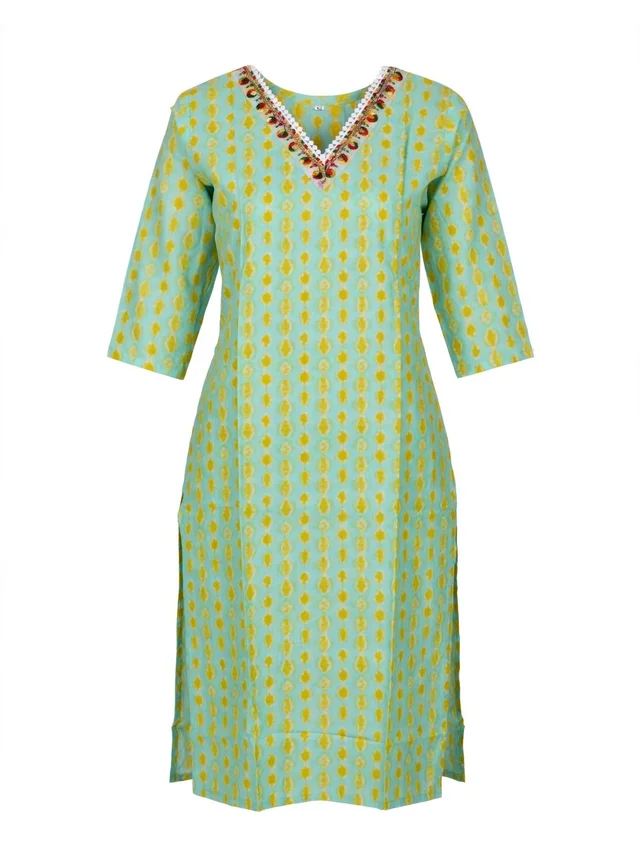 Women's Cotton Ikat Print Straight Kurta - Green & Yellow 