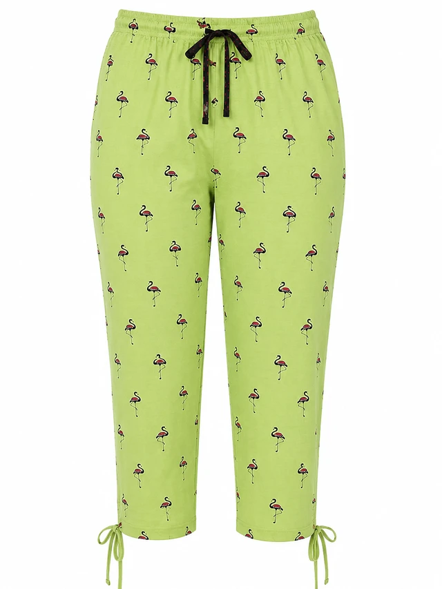 Women's Flamingo Print Capri Pyjama Pants – Green Casual Sleepwear/Nightwear -