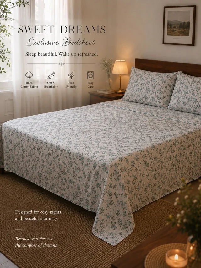 King Size 100% Cotton Fabric Floral Printed Double Bedsheet with 2 Head Pillow Covers and 1 Pass Pillow Cover – White, Teal & Grey