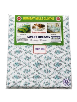 Generic King Size 100% Cotton Fabric Floral Printed Double Bedsheet with 2 Head Pillow Covers and 1 Pass Pillow Cover – White, Teal & Grey -