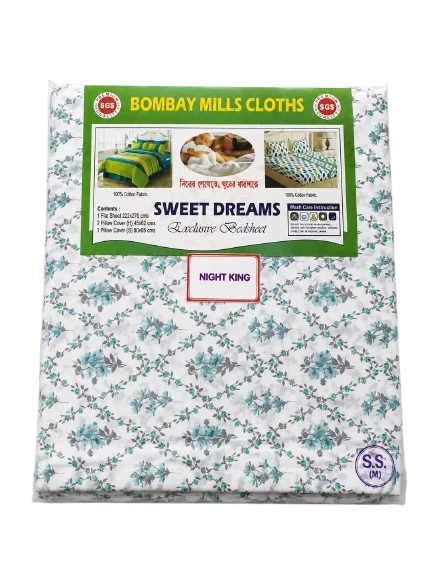 Generic King Size 100% Cotton Fabric Floral Printed Double Bedsheet with 2 Head Pillow Covers and 1 Pass Pillow Cover – White, Teal & Grey -