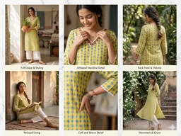 Women's Cotton Ikat Print Straight Kurta- Yellow & Blue