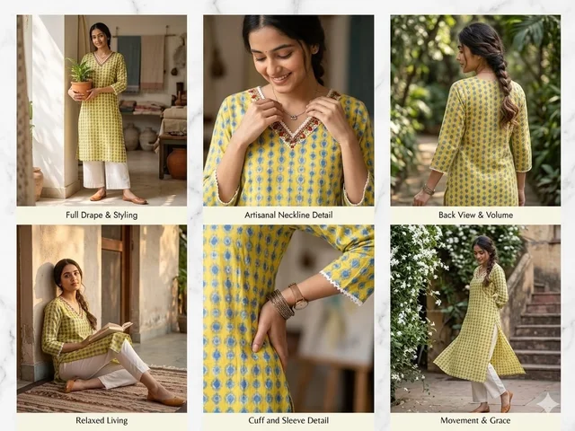 Women's Cotton Ikat Print Straight Kurta- Yellow & Blue