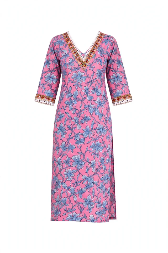 Women's Cotton Floral Print Straight Kurta -Pink & Blue 