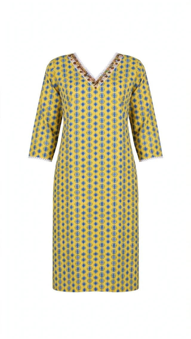 Women's Cotton Ikat Print Straight Kurta- Yellow & Blue 