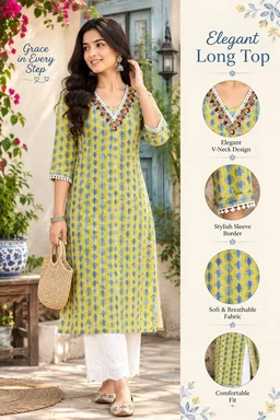 Women's Cotton Ikat Print Straight Kurta- Yellow & Blue