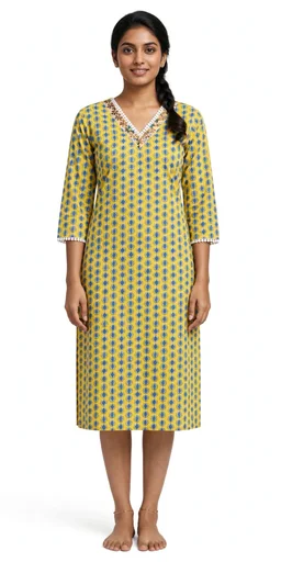 Women's Cotton Ikat Print Straight Kurta- Yellow & Blue