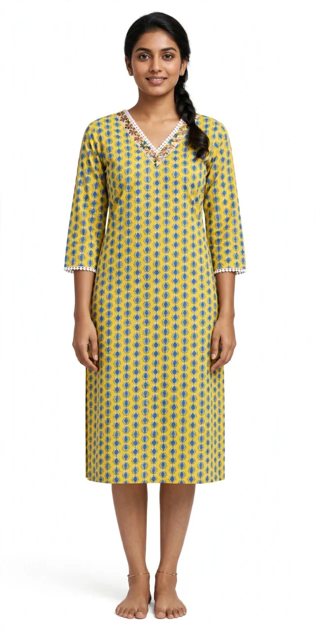 Women's Cotton Ikat Print Straight Kurta- Yellow & Blue