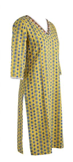 Women's Cotton Ikat Print Straight Kurta- Yellow & Blue