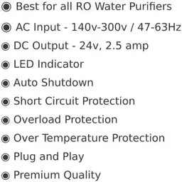 Krishna 24 Volt 2.5 Amp RO SMPS Power Supply Adapter Charger AC to DC Transformer Converter for RO Filters RO Water Purifier of Kent, Livepure, Aquaguard, Aquafresh, Aquagrand, Pureit and All Other Kinds of RO Water Purifiers 24V 2.5A Worldwide Adaptor (Black) - Black