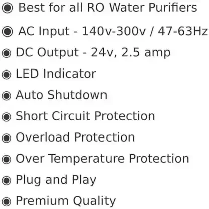 Krishna 24 Volt 2.5 Amp RO SMPS Power Supply Adapter Charger AC to DC Transformer Converter for RO Filters RO Water Purifier of Kent, Livepure, Aquaguard, Aquafresh, Aquagrand, Pureit and All Other Kinds of RO Water Purifiers 24V 2.5A Worldwide Adaptor (Black) - Black