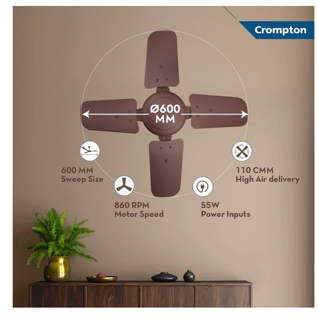 Crompton Brizair 600 MM (24 inch) 4 Blades Anti Rust Small Ceiling Fan (Brown) - Brown