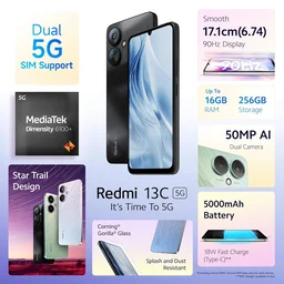 REDMI Redmi 13C 5G | 8GB RAM | 256GB Storage | MediaTek Dimensity 6100+ 5G | 90Hz Display (Starlight Black) - 8 GB
