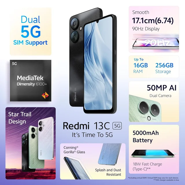 REDMI Redmi 13C 5G | 8GB RAM | 256GB Storage | MediaTek Dimensity 6100+ 5G | 90Hz Display (Starlight Black) - 8 GB