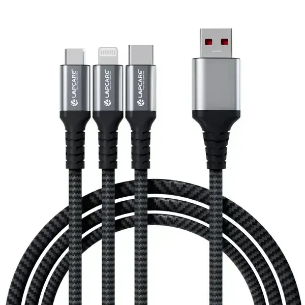 LAPCARE Lapcare (LTC-090) Hook USB to 3 in 1 Braided Charging Cable With Metal Shell 1.5M Cable (Black)