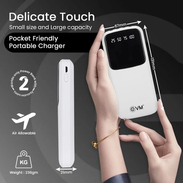EVM EnCase Plus 10000mAh Power Bank | Inbuilt 4-in-1 Cables | LED Digital Display | Li-Polymer Battery | USB & Type-C Output (WHITE)