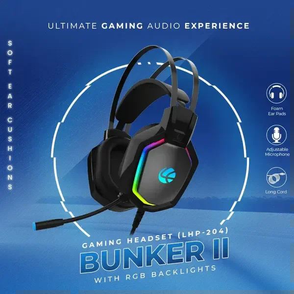 LAPCARE (LHP-204) Bunker II Wired Over Ear Gaming Headphones With Adjustable Mic | Massive 50mm Drivers | Full RGB Lights | Breathable Cable | Soft Ear Cushions | 1.5Mtr Braided Wire With USB (BLACK)