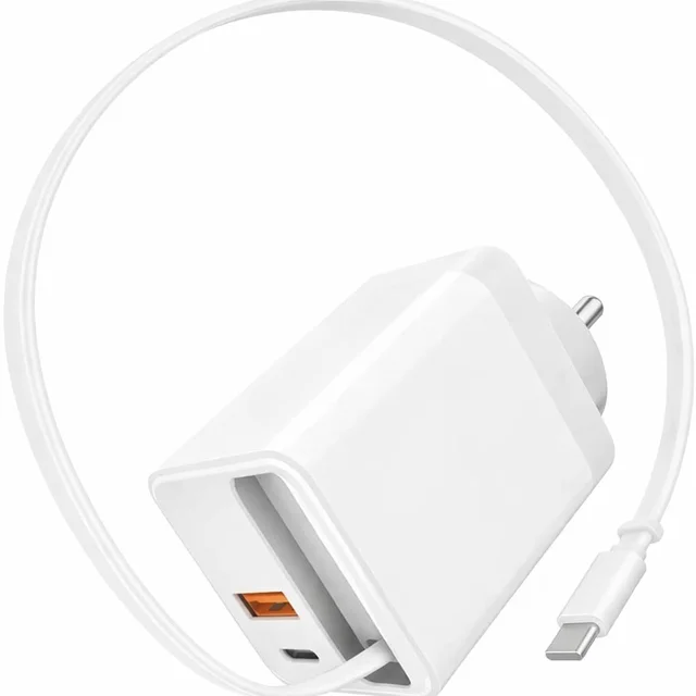 RD A-80 Flex 50W Gan Charger With Built-in Retractable Cable | Attached Type-C Cable | PD Fast Charger | Super VOOC Support | Dual Output Wall Charger For Smartphones & Tablets (WHITE)