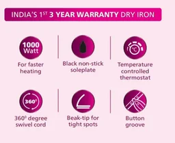 Philips Dry Iron (DST0600/20) with 3 year warranty (World No.1 Ironing Brand) Powerful 1000 Watts for Fast heat up & Golden Advanced Alloy Soleplate with Uniform Heat Distribution (BLUE) - Blue