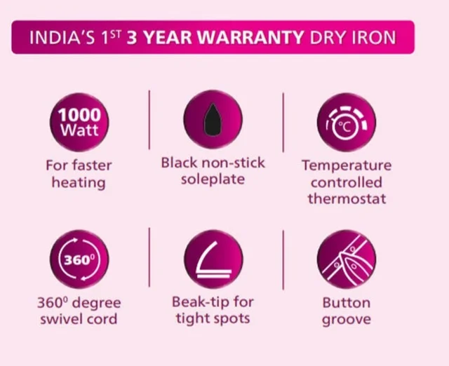 Philips Dry Iron (DST0600/20) with 3 year warranty (World No.1 Ironing Brand) Powerful 1000 Watts for Fast heat up & Golden Advanced Alloy Soleplate with Uniform Heat Distribution (BLUE) - Blue