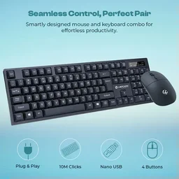 LAPCARE Lapcare (WL-102) 2.4GHz Wireless Keyboard & Mouse Combo | USB Nano Receiver | Adjustable 1600 DPI | 2.4G Wireless Tech | Premium Black Finish Rupee Key | Silent Typing | Power Saving Mode | Battery Included | Windows 7/8/10/11 Compatible (BLACK)