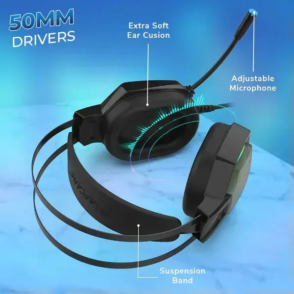 LAPCARE (LHP-204) Bunker II Wired Over Ear Gaming Headphones With Adjustable Mic | Massive 50mm Drivers | Full RGB Lights | Breathable Cable | Soft Ear Cushions | 1.5Mtr Braided Wire With USB (BLACK)