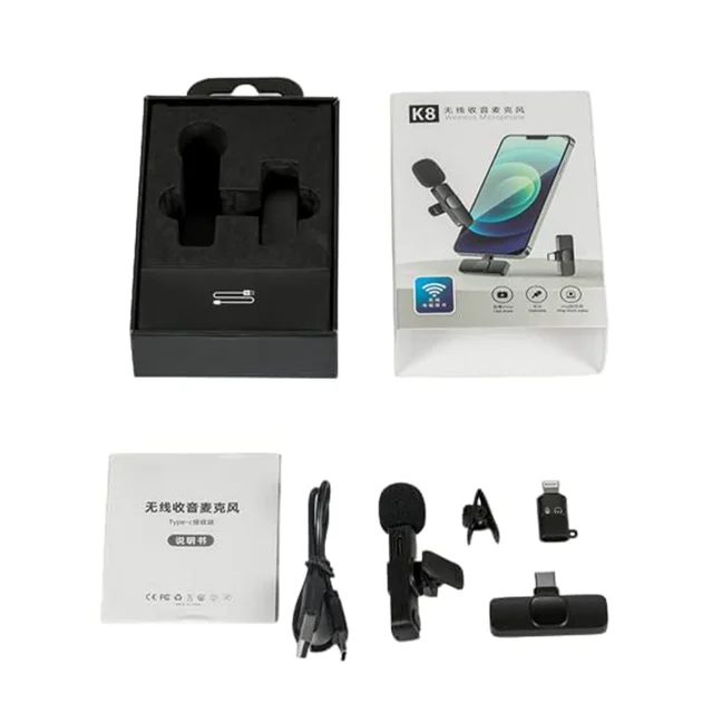 VEV K8 2 in 1 Wireless Microphone, Digital Mini Portable Recording Clip Mic with Receiver for All Type-C Lightning Mobile Phones Camera Laptop for Vlogging YouTube Online Class, Zoom Call (Black)