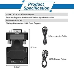 VEV VGA to HDMI Converter with Audio (Old PC to TV/Monitor with HDMI), Male VGA to HDMI Video Converter for TV, Computer, Projector with Audio, Power Cable -D-Sub (Black)