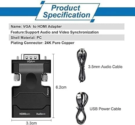 VEV VGA to HDMI Converter with Audio (Old PC to TV/Monitor with HDMI), Male VGA to HDMI Video Converter for TV, Computer, Projector with Audio, Power Cable -D-Sub (Black)