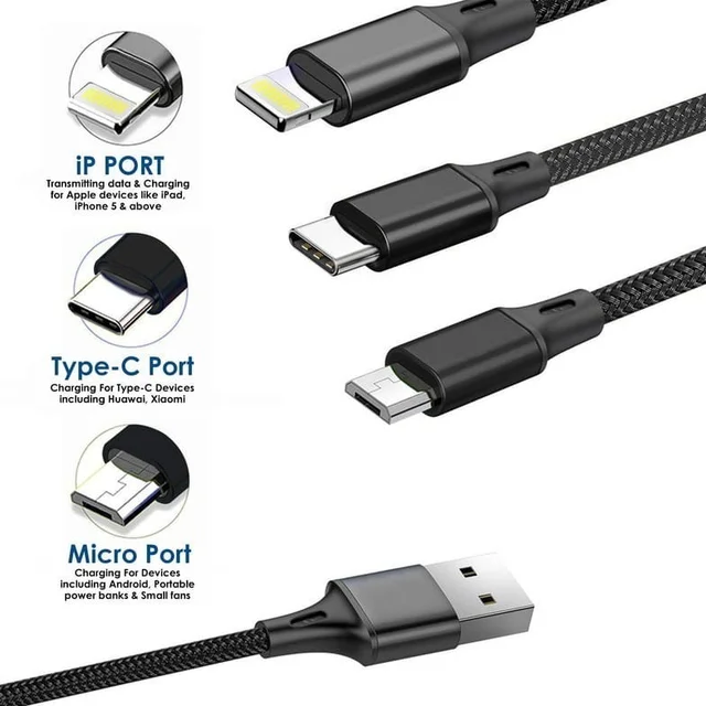 LAPCARE Lapcare (LTC-090) Hook USB to 3 in 1 Braided Charging Cable With Metal Shell 1.5M Cable (Black)