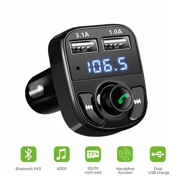 VEV CARX8 Universal Wireless Bluetooth FM Transmitter in Car Adapter for Hands-Free Call Receiver- Stereo Music Player- TF Card - Aux Connector & 2 USB Charger with Modular LCD Display (Black)