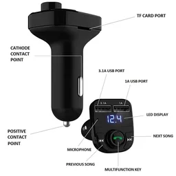VEV CARX8 Universal Wireless Bluetooth FM Transmitter in Car Adapter for Hands-Free Call Receiver- Stereo Music Player- TF Card - Aux Connector & 2 USB Charger with Modular LCD Display (Black)