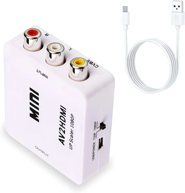 Honeycom Mini AV to HDMI, 1080P Mini RCA Composite CVBS AV to HDMI Video Audio Converter Adapter Supporting PAL/NTSC with USB Charge Cable for PC Laptop Xbox PS4 PS3 TV STB VHS VCR Camera DVD (White)