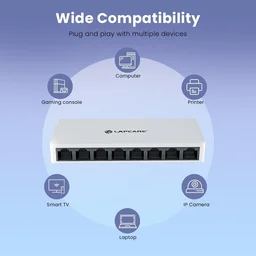 LAPCARE LAPLINK 8-Port 10/100Mbps Ethernet Switch – Plug & Play Unmanaged Network Switch with 1.6Gbps Bandwidth, Auto-Negotiation, IEEE 802.3 Compliance, LED Indicators, DC 5V Power (WHITE)