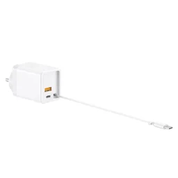 RD A-80 Flex 50W Gan Charger With Built-in Retractable Cable | Attached Type-C Cable | PD Fast Charger | Super VOOC Support | Dual Output Wall Charger For Smartphones & Tablets (WHITE)