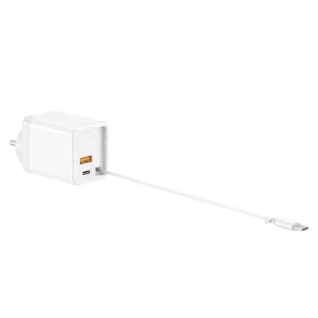 RD A-80 Flex 50W Gan Charger With Built-in Retractable Cable | Attached Type-C Cable | PD Fast Charger | Super VOOC Support | Dual Output Wall Charger For Smartphones & Tablets (WHITE)