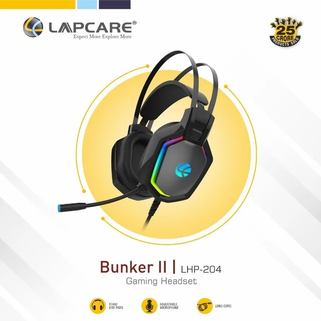 LAPCARE (LHP-204) Bunker II Wired Over Ear Gaming Headphones With Adjustable Mic | Massive 50mm Drivers | Full RGB Lights | Breathable Cable | Soft Ear Cushions | 1.5Mtr Braided Wire With USB (BLACK)