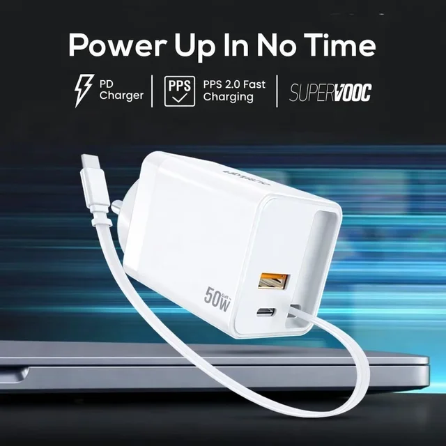 RD A-80 Flex 50W Gan Charger With Built-in Retractable Cable | Attached Type-C Cable | PD Fast Charger | Super VOOC Support | Dual Output Wall Charger For Smartphones & Tablets (WHITE)