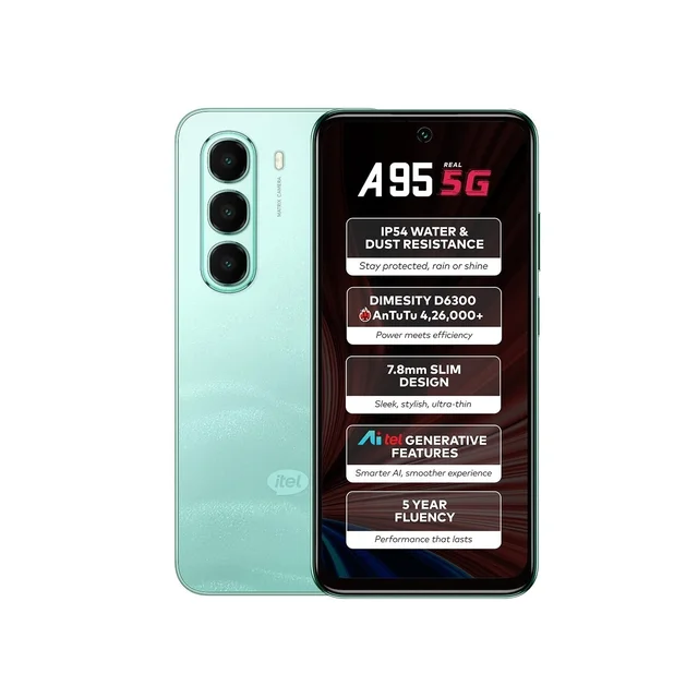 ITEL itel A95 5G+ AI Smartphone | 8GB RAM + 128GB ROM | D6300 5G Processor | 6.7" HD+ Punch-Hole Display, 120Hz Refresh Rate | Dynamic Notch | 50MP Camera | IP54 Dust & Water Resistant | (Wave Green) - Wave Green