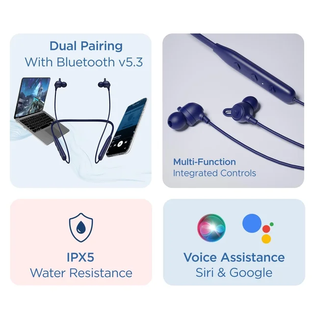 boAt Rockerz 109 Bluetooth Neckband with 40 hrs Playback,ENx Technology, Beast Mode (60ms), Magnetic Buds, Dual Pairing, ASAP Charge, IPX5 Water Resistance (Cool Blue) - Blue